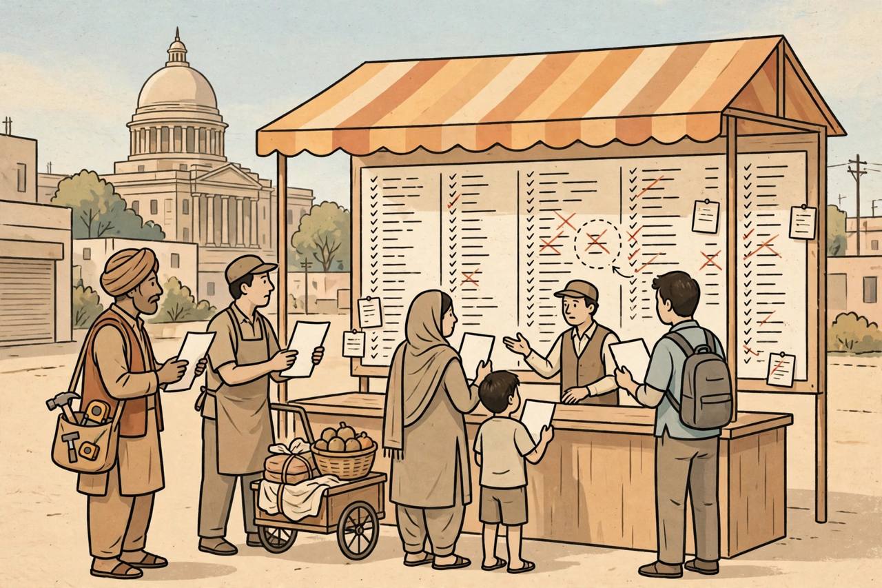 Editorial illustration of Delhi voters holding blank electoral forms at a local booth help desk, with a voter list board and a distant courthouse dome, generic figures only