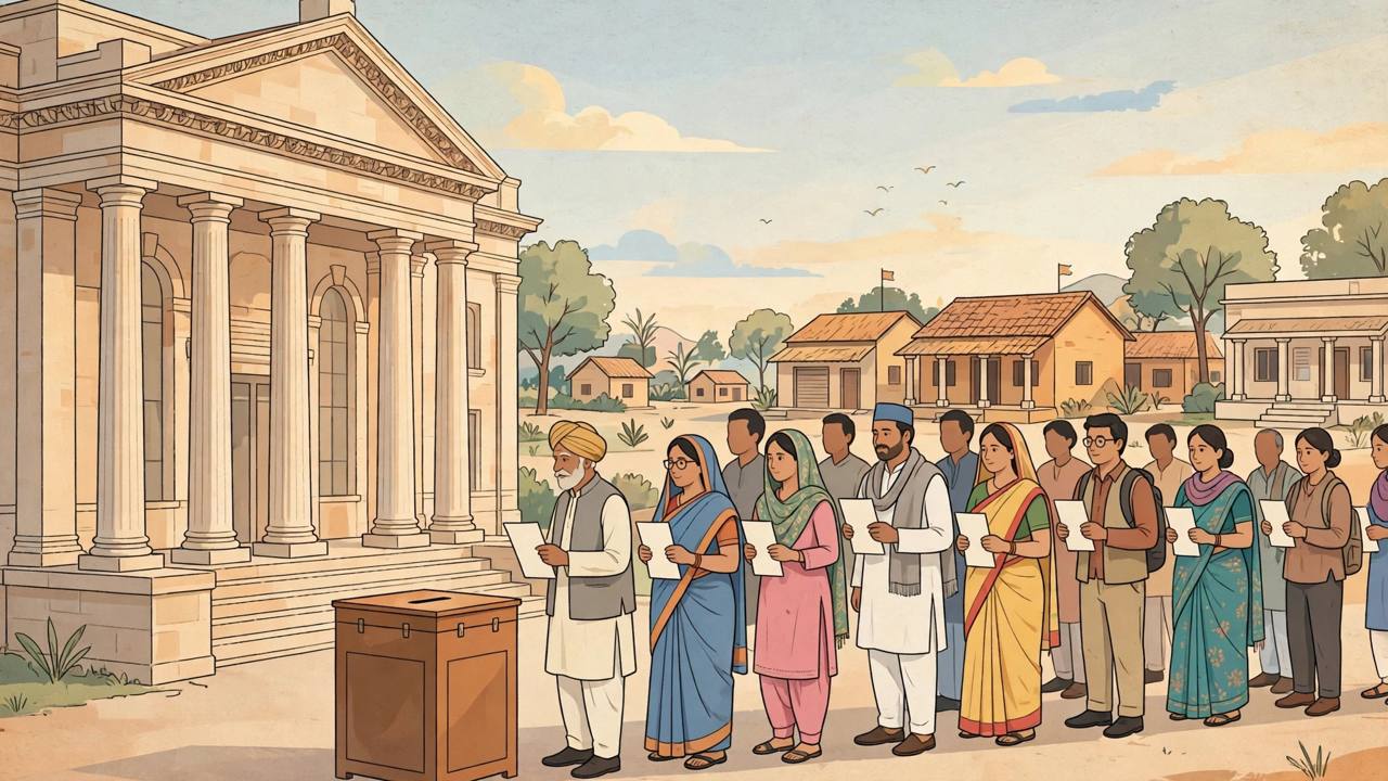 Editorial illustration of a courthouse with tall pillars, a large ballot box and generic voters holding blank voting slips, with small panchayat buildings in the background, no real person's face