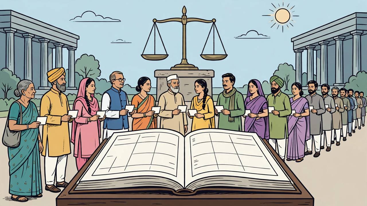 Editorial illustration of generic voters holding cards in front of a large electoral roll and court scales