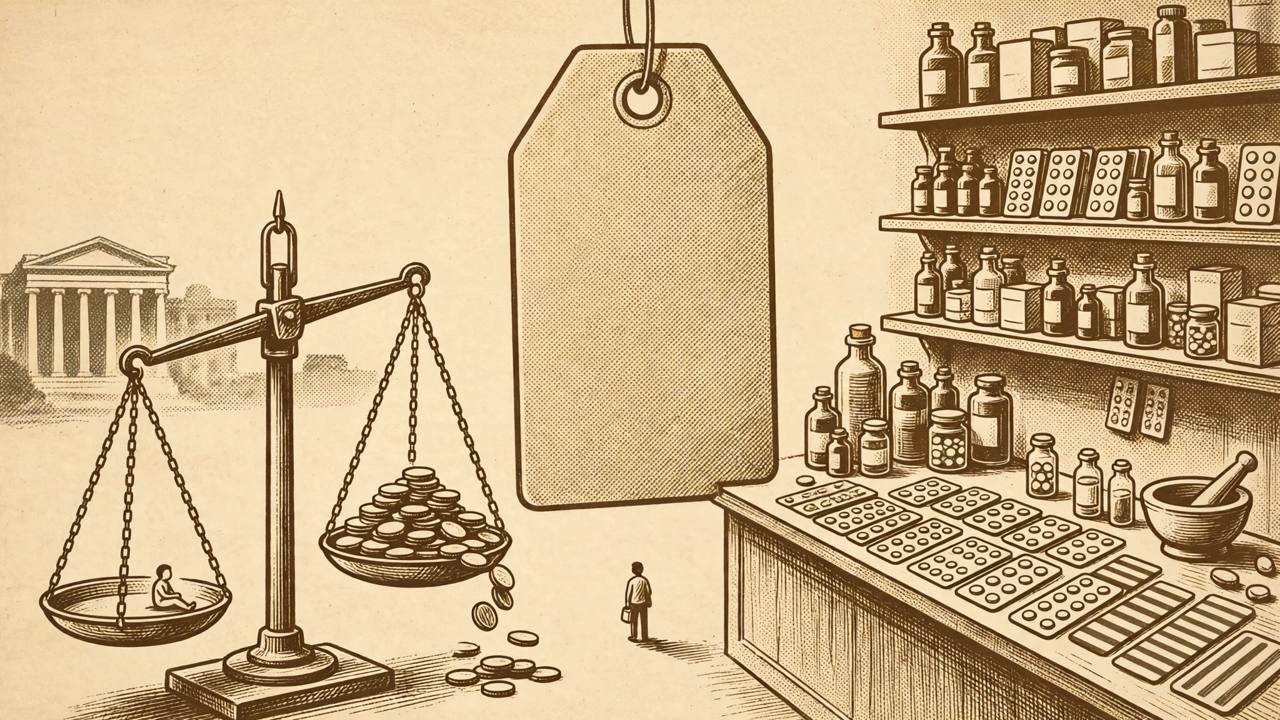 Editorial illustration of a pharmacy counter with medicine strips, a large price tag towering over a patient, and a balance scale weighing a patient against coins, with courthouse pillars behind