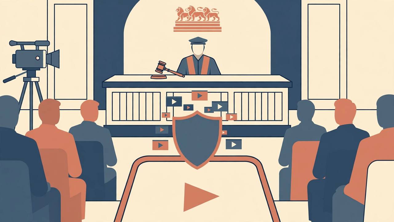 Editorial illustration of a livestreamed courtroom hearing, with a judge at the bench, a video camera, floating video-clip icons and a shield
