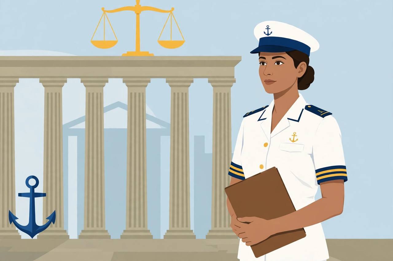 Editorial illustration of a generic woman naval officer holding a service file in front of courthouse pillars, with scales of justice and a naval anchor