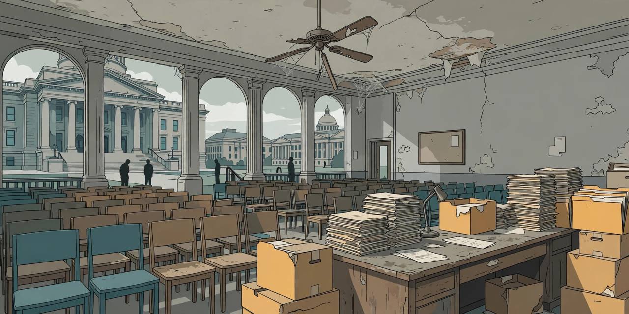Editorial illustration of a dilapidated tribunal hearing hall with empty chairs, stacks of case files and a broken ceiling fan, with a courthouse building visible through arched windows (Editorial illustration)