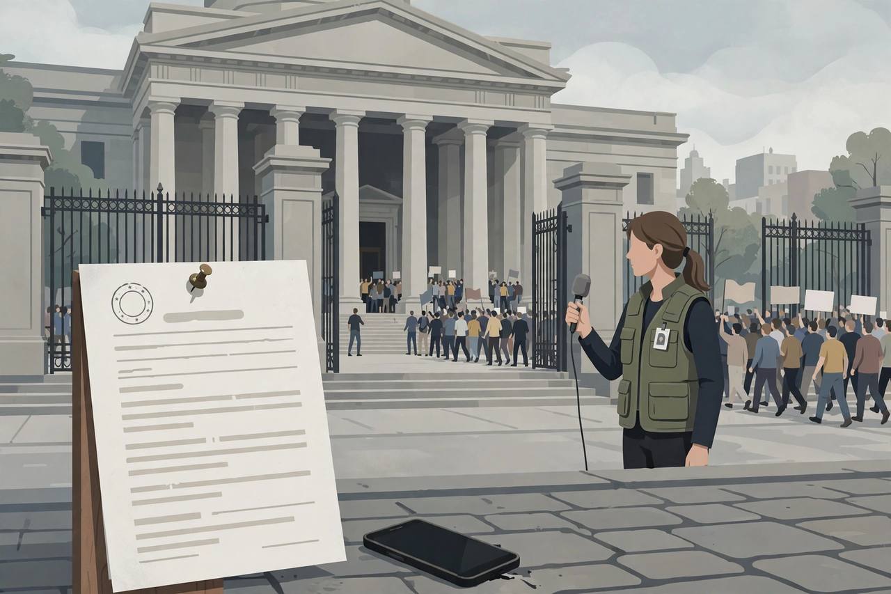 Editorial illustration of a generic woman journalist with a microphone and a fallen phone at the gates of a pillared courthouse, with a court notice in the foreground and a crowd behind
