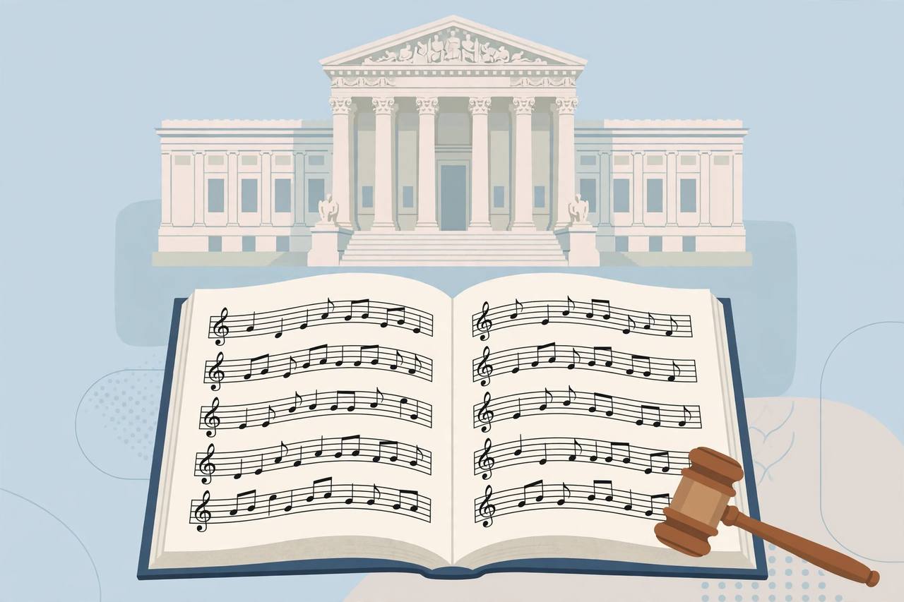Editorial illustration of a supreme court building with an open songbook and musical notes