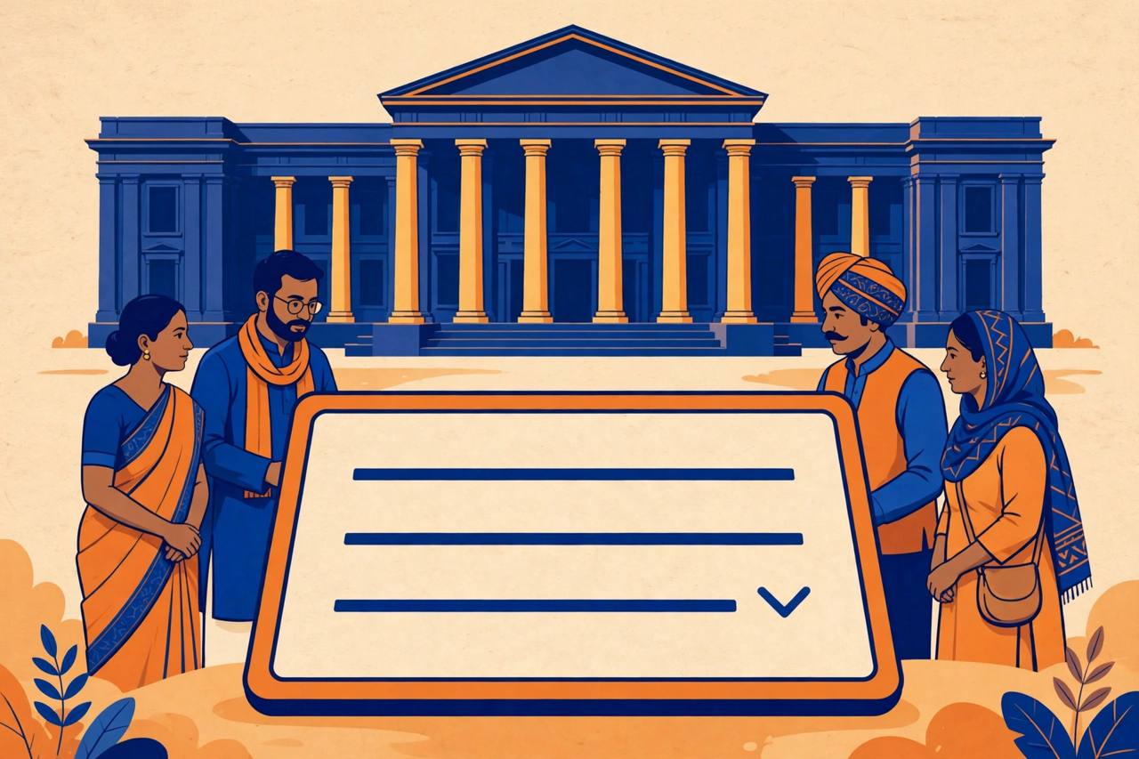 Editorial illustration of generic citizens beside a large digital tablet with a dropdown menu, in front of a pillared courthouse