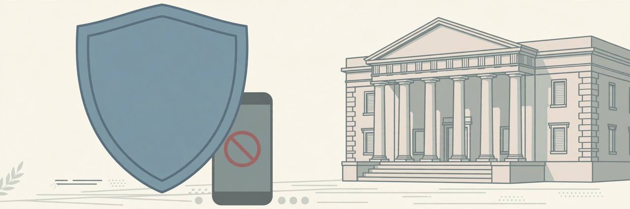 Editorial illustration of a courthouse and a protective shield in front of a generic smartphone, representing online safety policy