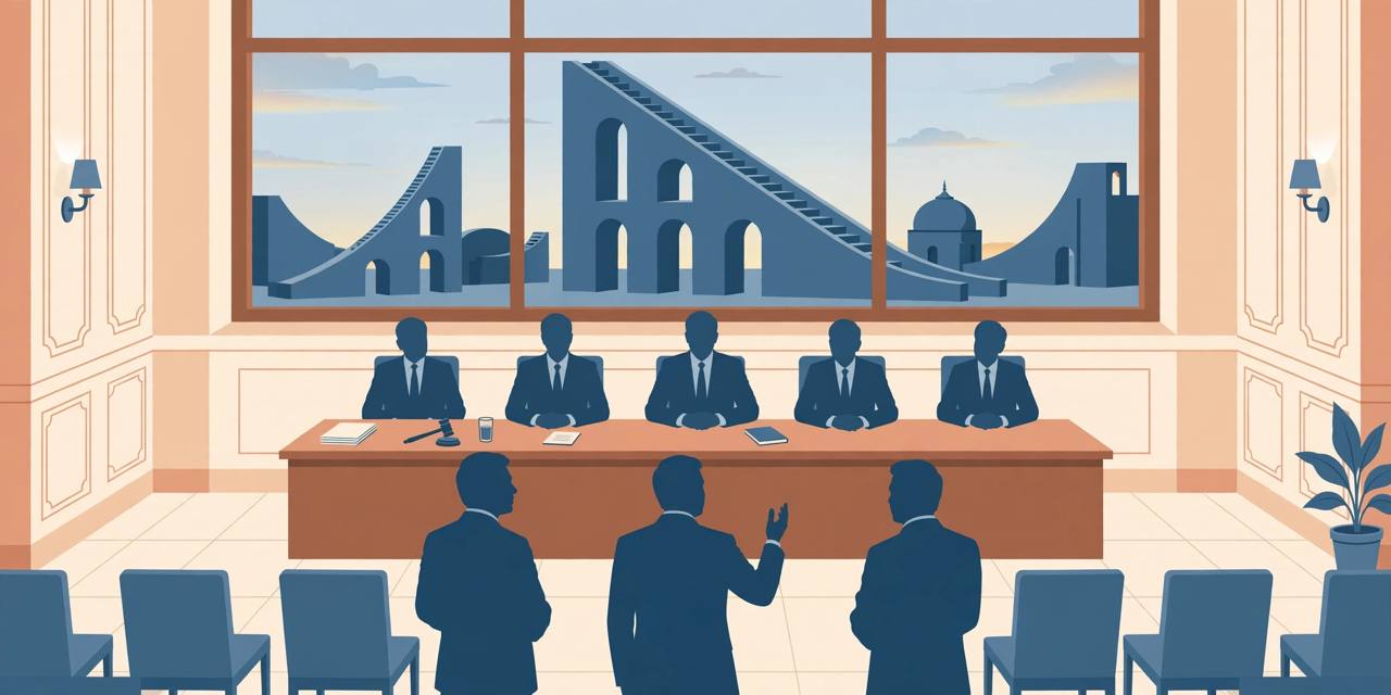 Editorial illustration of an enquiry committee hearing room in New Delhi with the Jantar Mantar silhouette through a window; no real person depicted