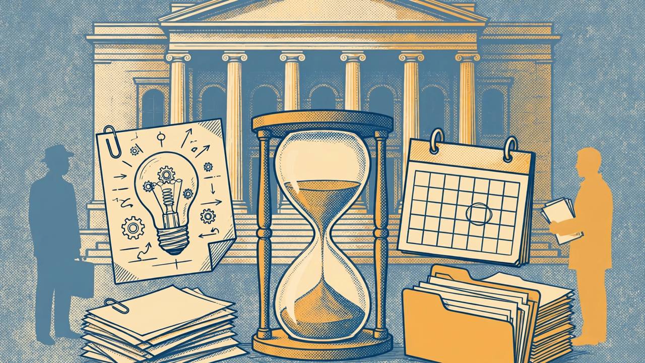 Editorial illustration of a courthouse, an hourglass and an invention sketch, symbolising a patent term running while a grant is delayed - no real person's face