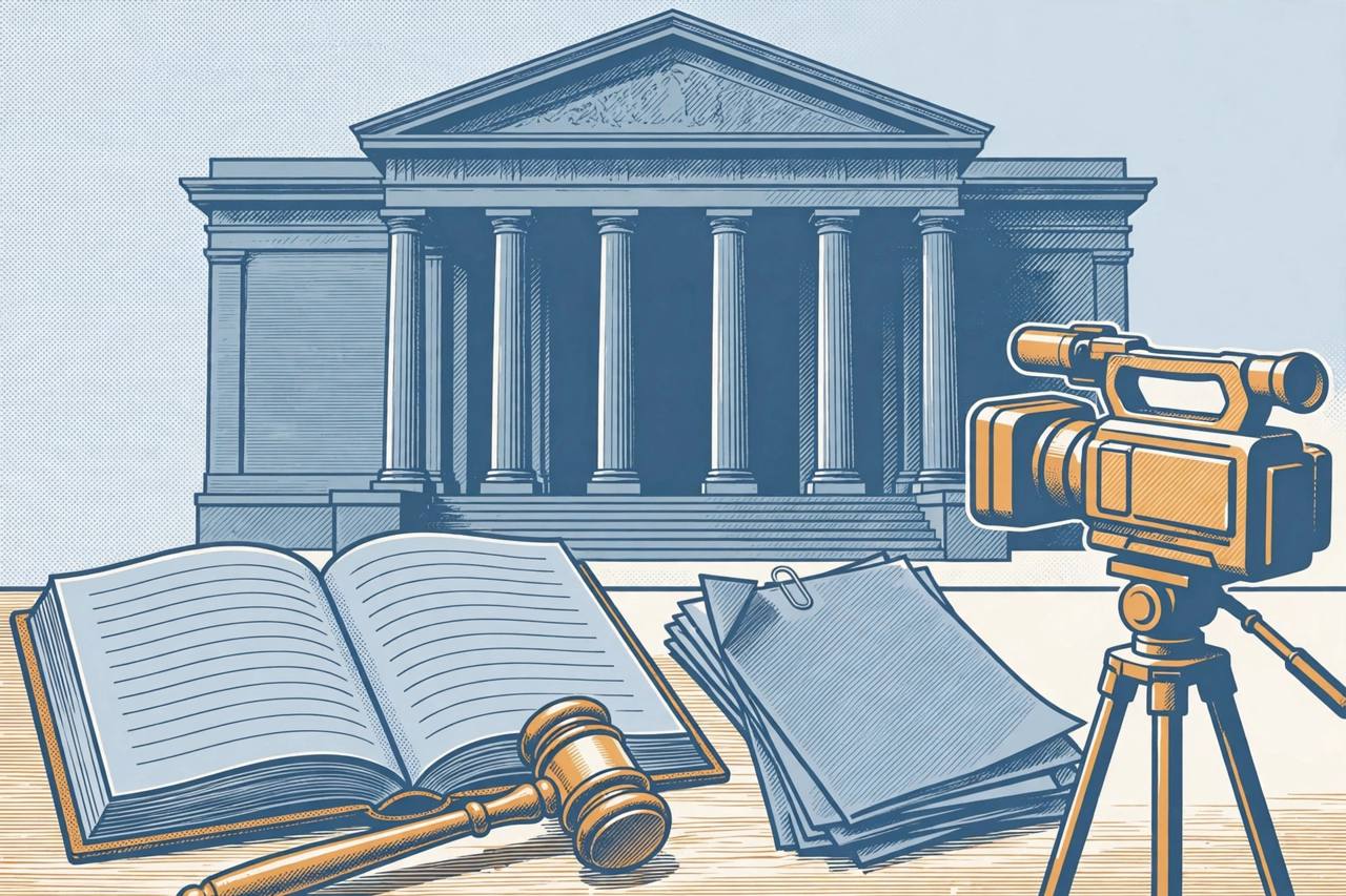 Editorial illustration of a generic judge's gavel and law book in front of a courthouse with a video camera and witness statement papers, flat style