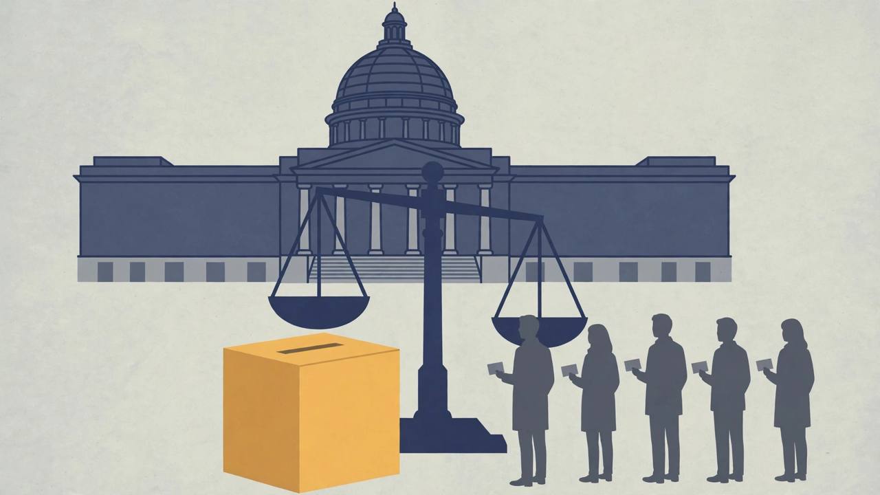Editorial illustration of a domed courthouse, scales of justice and a ballot box with generic citizens holding blank voter cards in a queue; generic figures only, no real person depicted