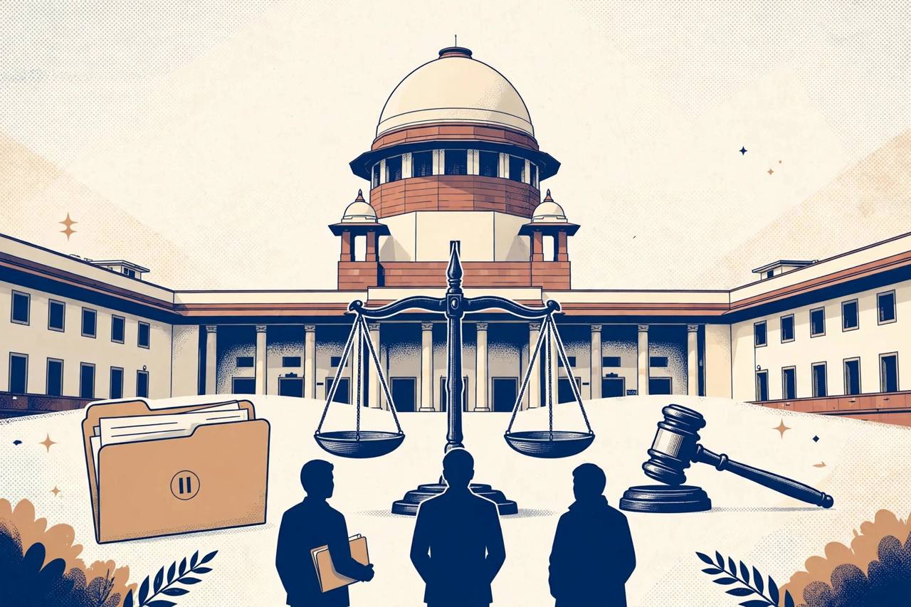 Editorial illustration of the Supreme Court of India with scales of justice - no real person's face