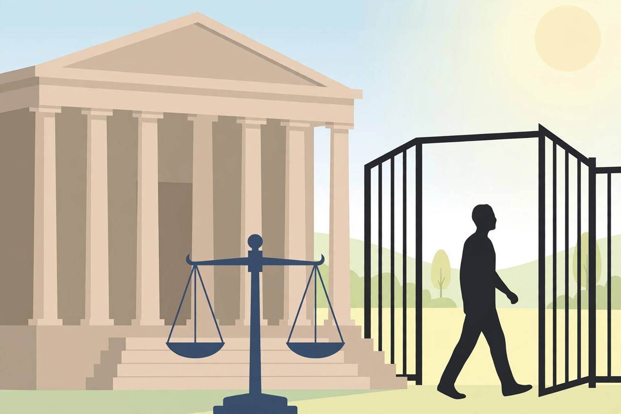 Editorial illustration of a courthouse with balanced scales and a generic figure walking out of an open gate toward daylight