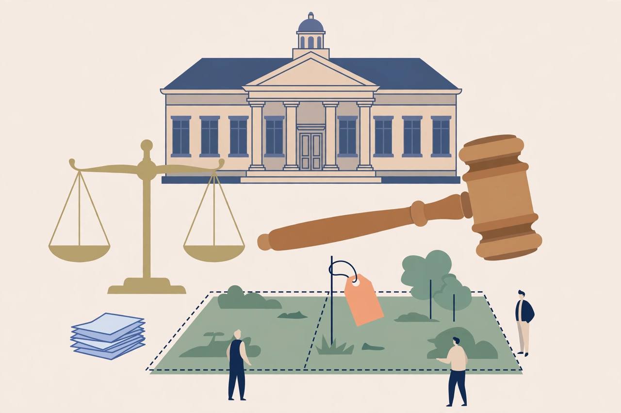 Editorial illustration of a courthouse, an auction gavel and a plot of land being offered again at auction