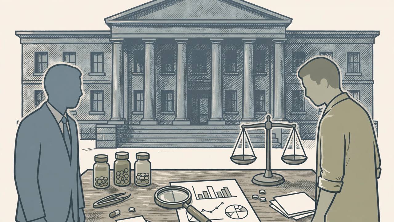 Editorial illustration of a courthouse, medicine bottles and laboratory test reports with a balance scale
