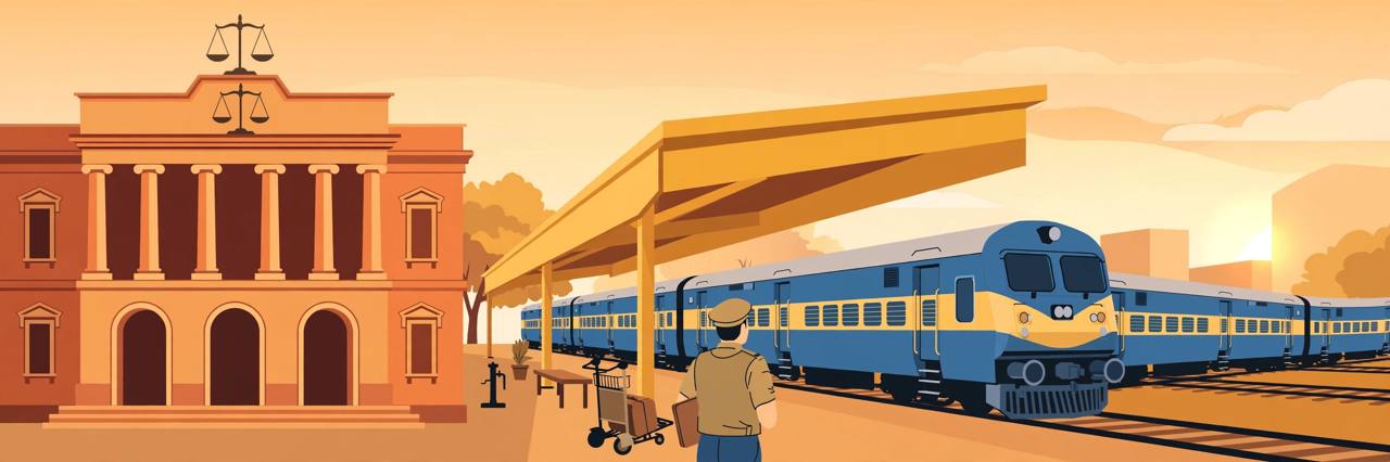 Editorial illustration of an Indian Railways train at a platform beside a courthouse with scales of justice