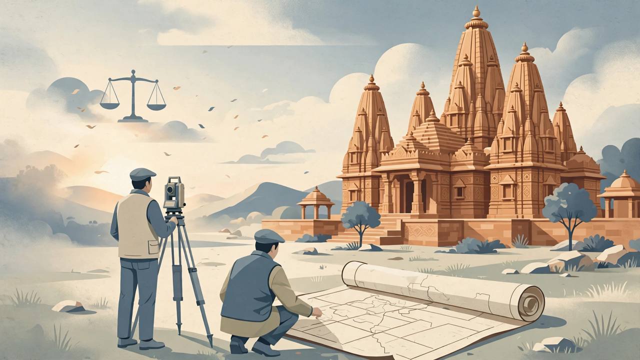 Editorial illustration of surveyors with a tripod and a land map in front of a sandstone temple with tall spires, with the scales of justice in the sky