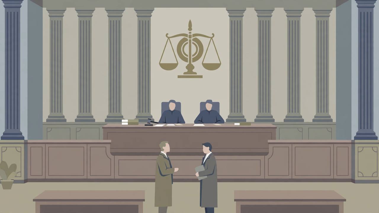 Editorial illustration of a supreme court courtroom with generic robed judges on a raised bench and generic advocates standing below, no real person's likeness