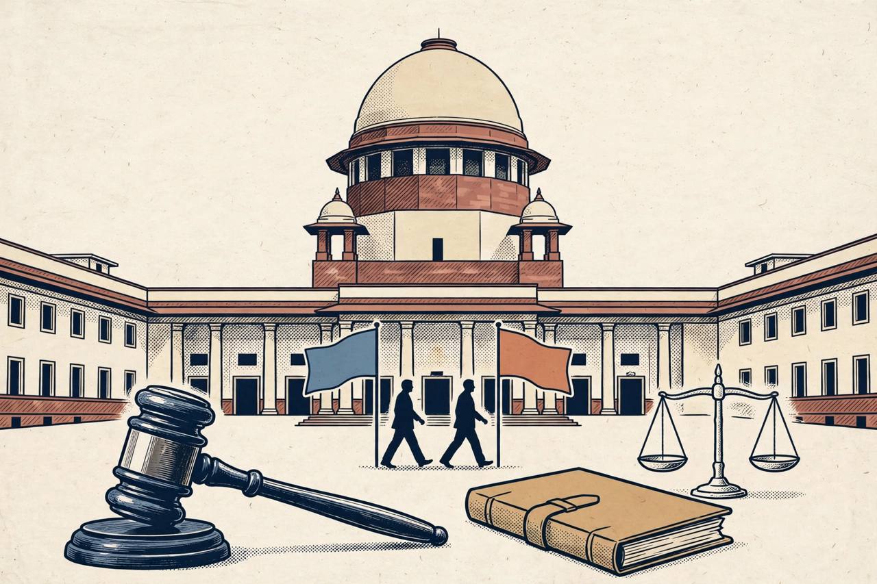 Editorial illustration of the Supreme Court of India with a gavel and closed case file, generic legislator silhouettes
