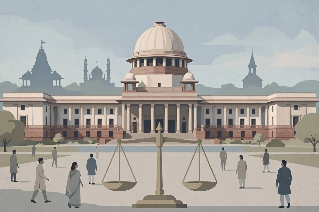 Editorial illustration of the Supreme Court of India with scales of justice and generic religious-place silhouettes - no real person's face