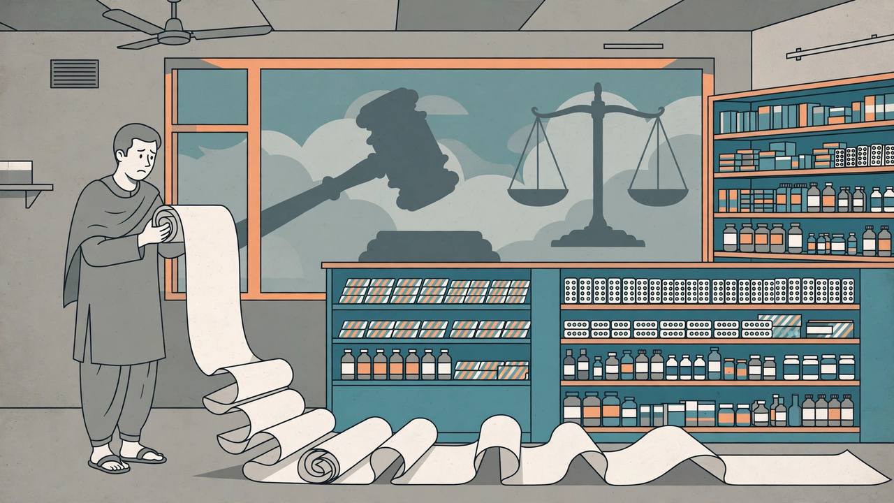 Editorial illustration of a patient holding an unrolling hospital pharmacy bill in front of medicine shelves, with a judge's gavel and scales of justice behind