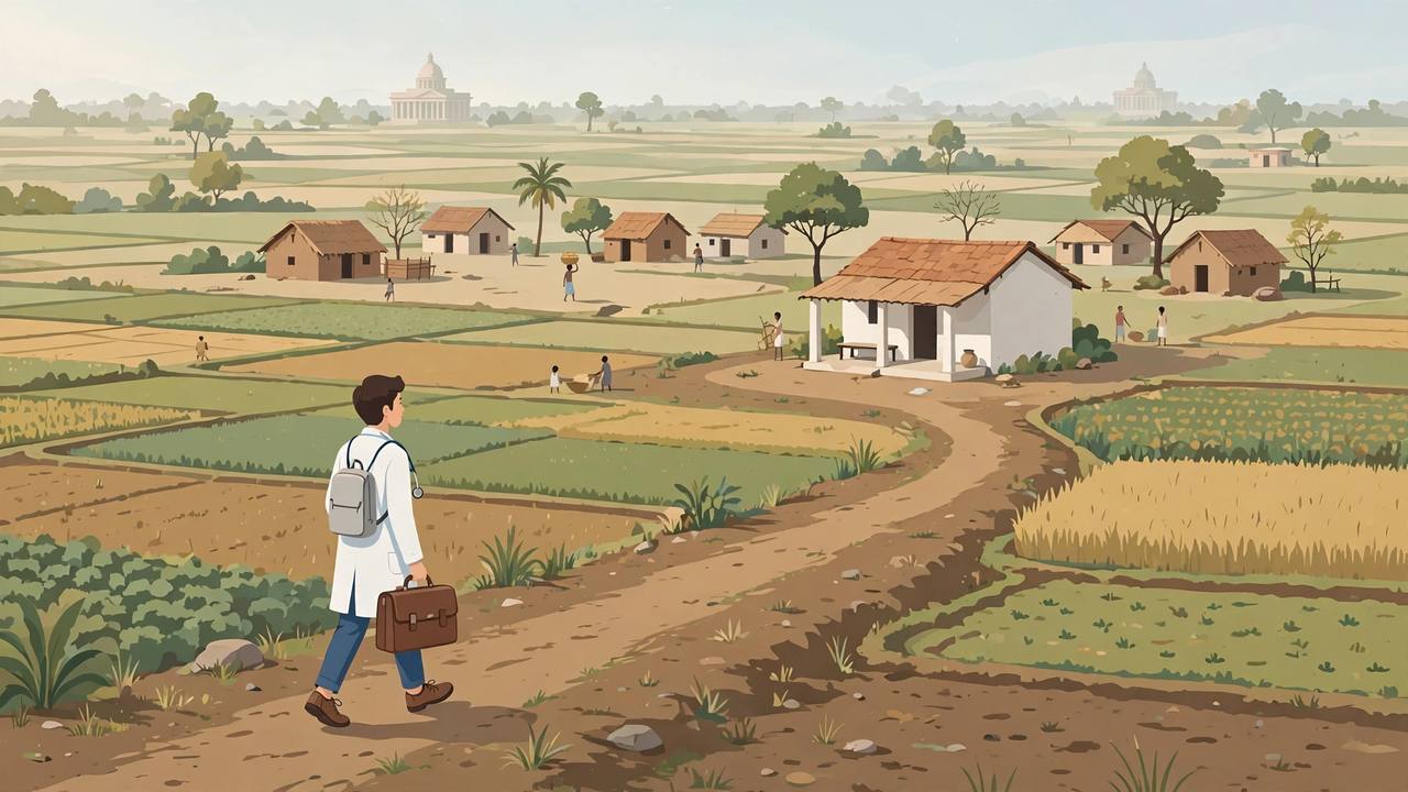 Editorial illustration of a generic young doctor with a stethoscope and medical bag walking toward a small rural village clinic in India