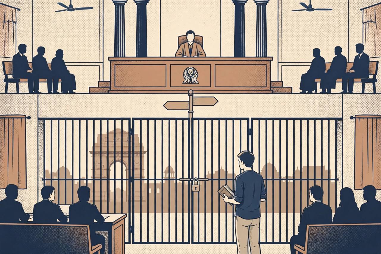 Generic young man holding a law book before a judge's bench, with a closed gate behind him symbolising he cannot leave Delhi (Editorial illustration)