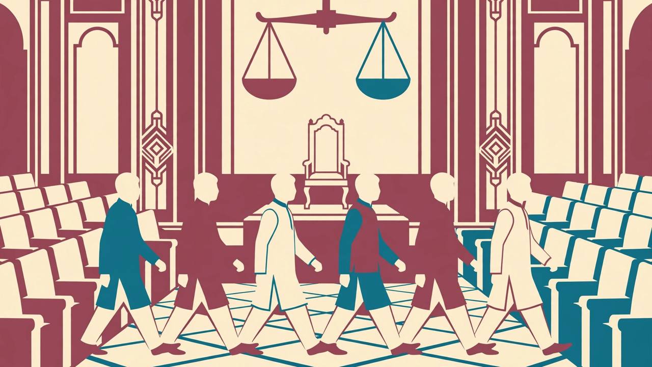 Editorial illustration of six generic MP figures crossing the floor of a parliament chamber beneath a set of scales, an empty Speaker's chair behind them