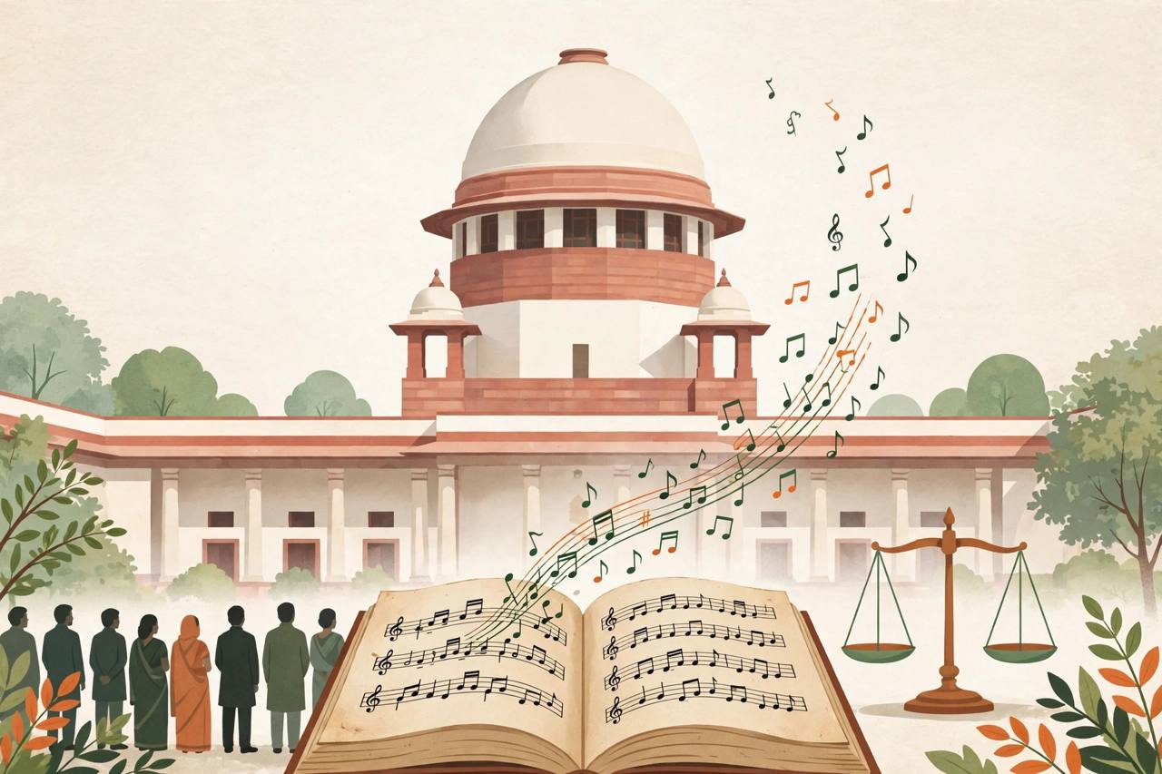 Editorial illustration of the Supreme Court of India with an open poetry book, musical notes and a balance scale, generic citizens standing respectfully