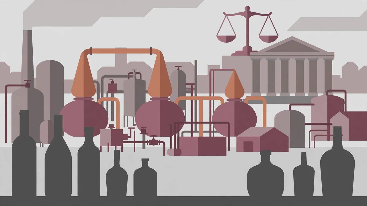 Editorial illustration of a generic distillery plant with copper stills and bottles in front of courthouse columns and scales of justice
