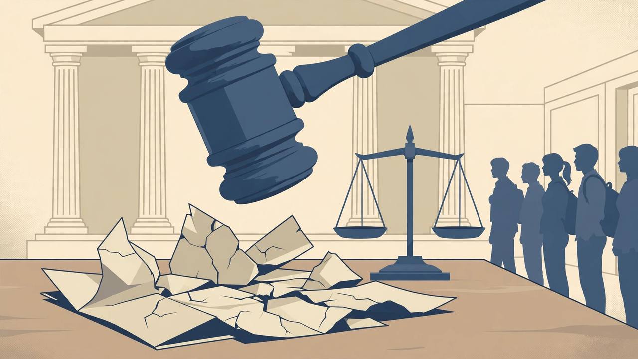 Flat editorial illustration of a judge's gavel coming down on a shattered government appointment document, with scales of justice, courthouse pillars and generic silhouetted job aspirants in the background; no real person depicted
