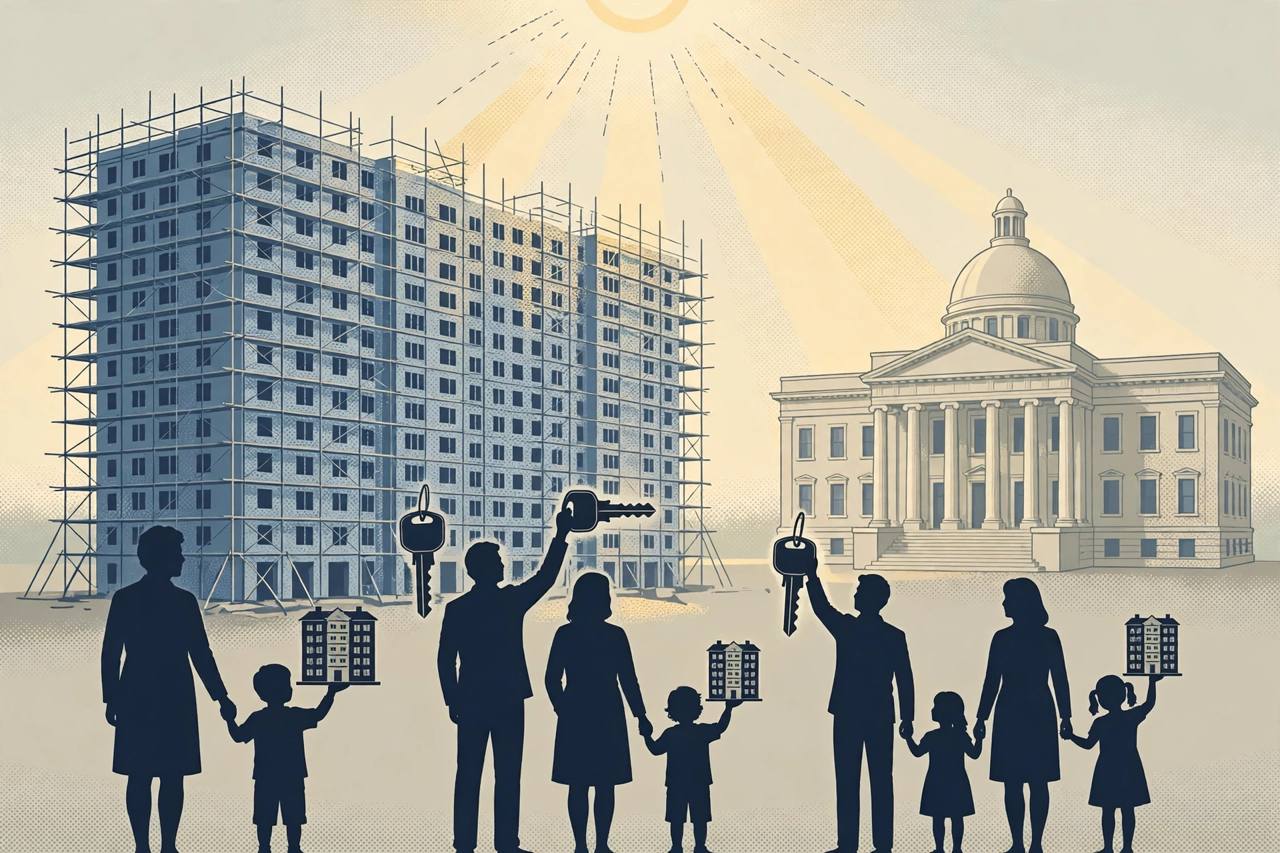 Courthouse, generic homebuyer families with house keys and a stalled residential tower behind scaffolding (Editorial illustration)