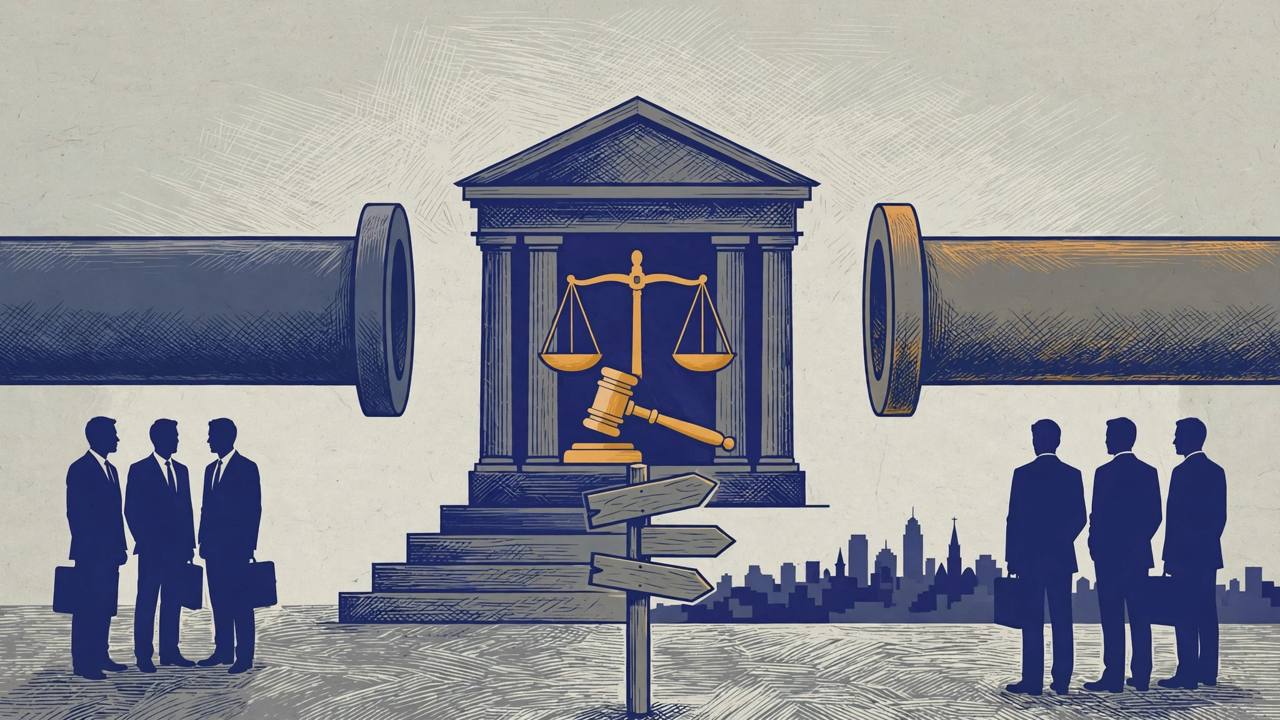 Flat editorial illustration of two large pipes facing off across a courthouse with scales of justice and a gavel, generic silhouetted lawyers on each side and a signpost pointing to a distant city; no real person depicted