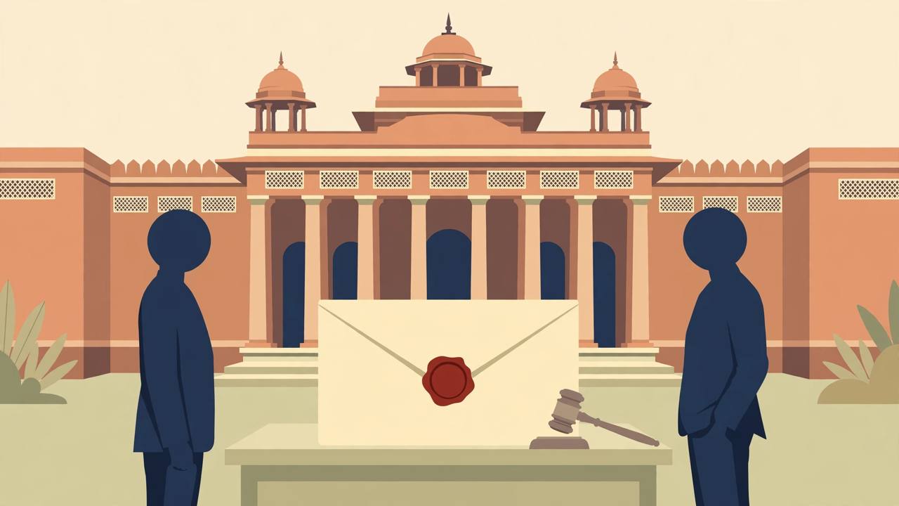 Editorial illustration of a sealed official envelope and a gavel on a table in front of a courthouse, with two generic figures standing on either side (Editorial illustration)