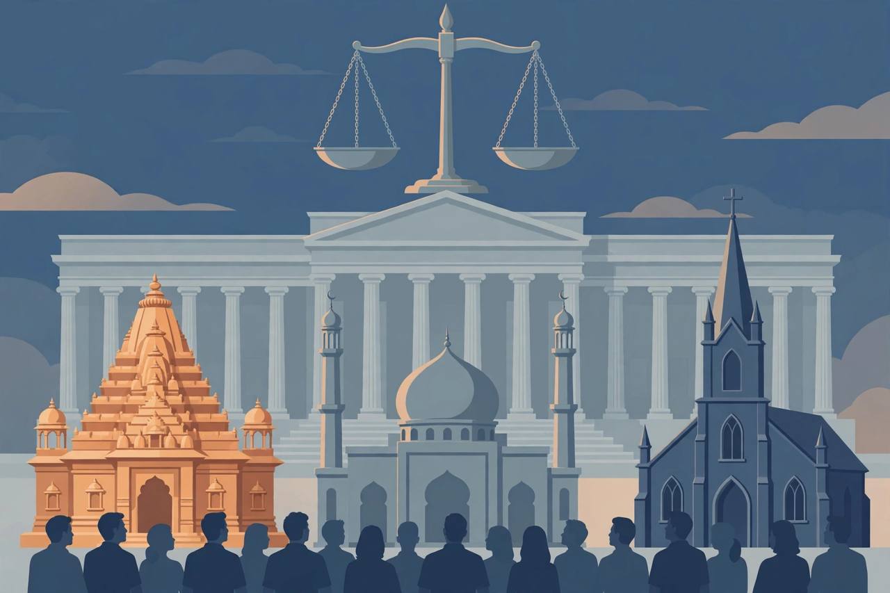 Editorial illustration of a courthouse with scales of justice above a temple, a mosque and a church standing side by side - no real person's face