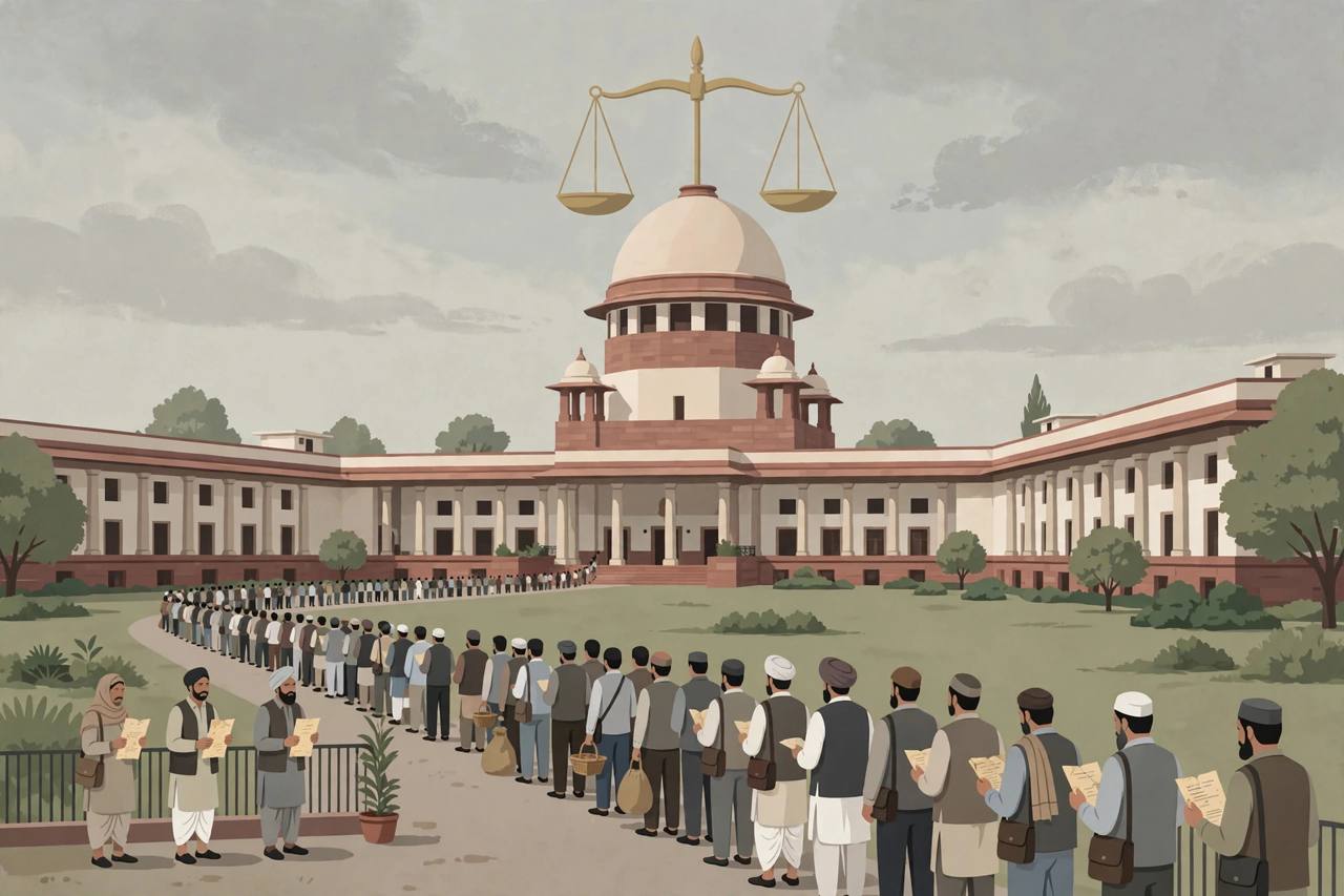 Editorial illustration of the Supreme Court with generic shopkeepers holding old compensation papers