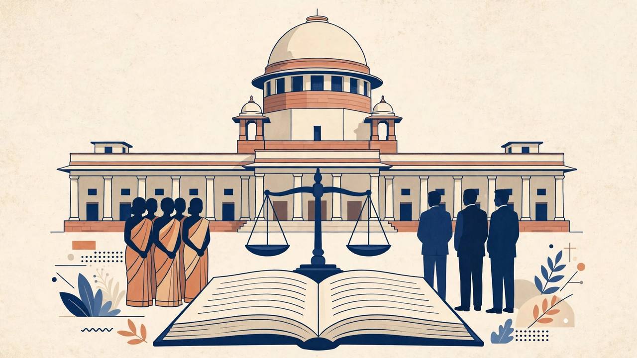 Editorial illustration of the Supreme Court of India with scales of justice, an open law book and generic silhouettes of women and lawyers (Editorial illustration)