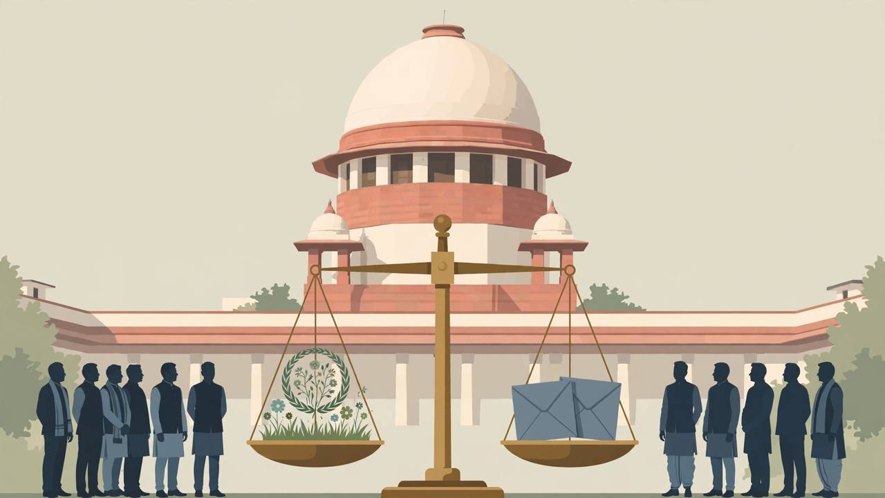 Supreme Court dome with a balance scale weighing the Trinamool flowers-and-grass symbol against sealed affidavits, two groups of generic figures on either side (Editorial illustration)