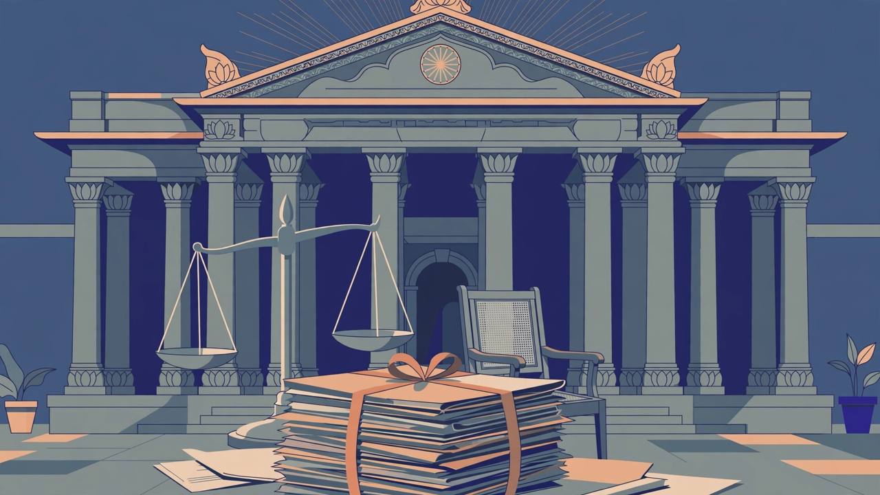 Editorial illustration of an Indian courthouse with scales of justice and a stack of case files tied with red ribbon (Editorial illustration)