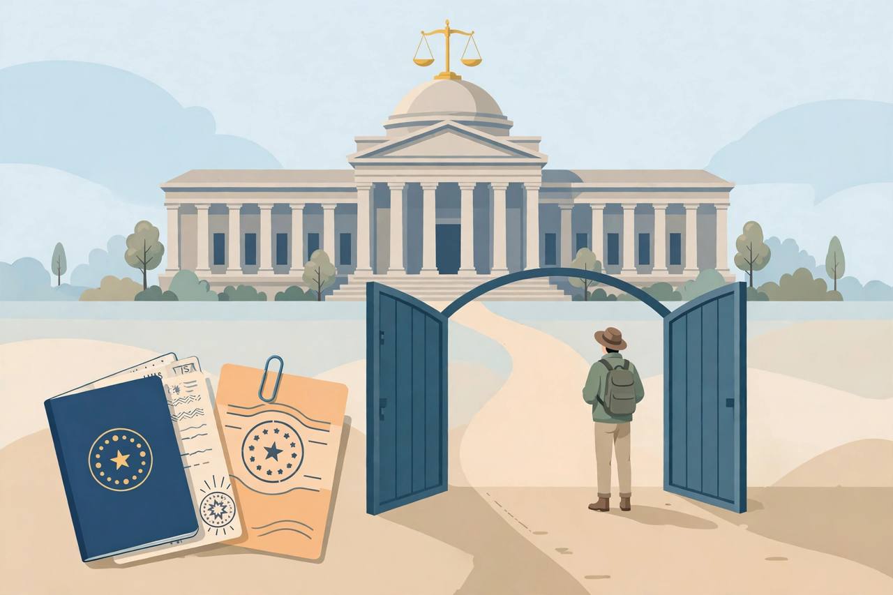 Editorial illustration of a courthouse with scales of justice, a passport and visa document, and a generic traveller at an open gate, no real person's likeness