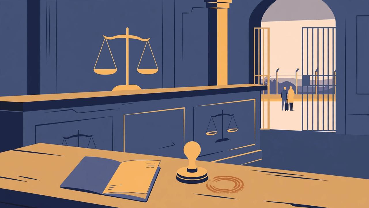 Editorial illustration of a courtroom bench, scales of justice, a passport and visa stamp, and a border gate