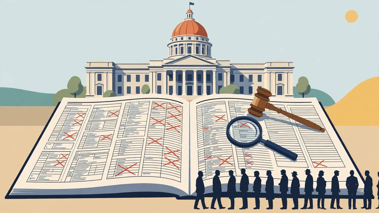 Editorial illustration of a domed courthouse behind a giant voter register with crossed-out forms, a gavel and magnifying glass, and silhouetted citizens queuing