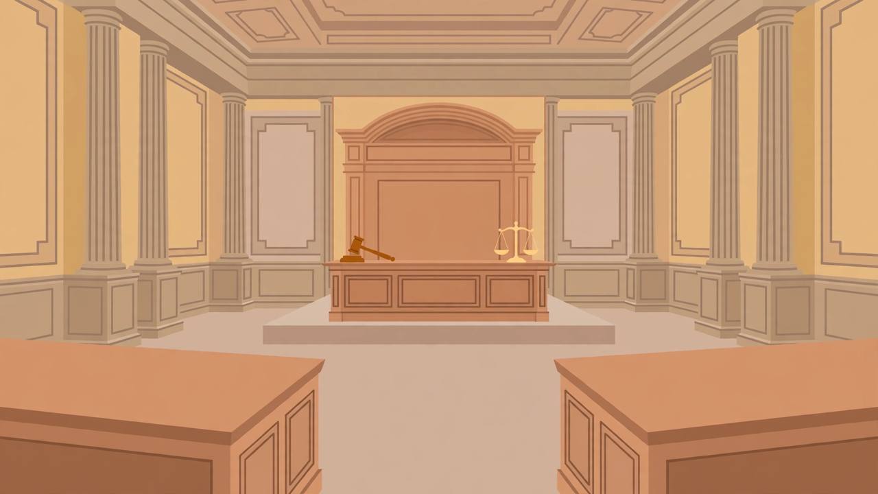 Editorial illustration of an empty supreme court courtroom with a judges' bench, gavel and scales of justice; no person depicted