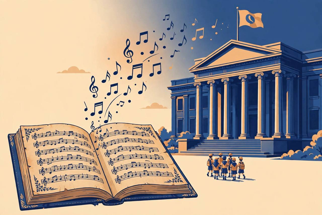 Editorial illustration of an open songbook with musical notes rising toward a supreme court building with tall pillars, a flag, and schoolchildren singing in the distance