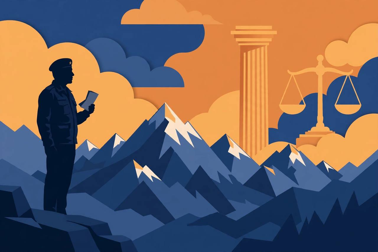Editorial illustration of a silhouetted soldier holding a document in front of Himalayan peaks, with a courthouse pillar and scales of justice in the sky