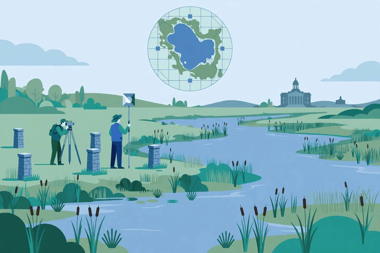 Editorial illustration of surveyors demarcating a lake and wetland with boundary pillars, a satellite element and a courthouse in the distance