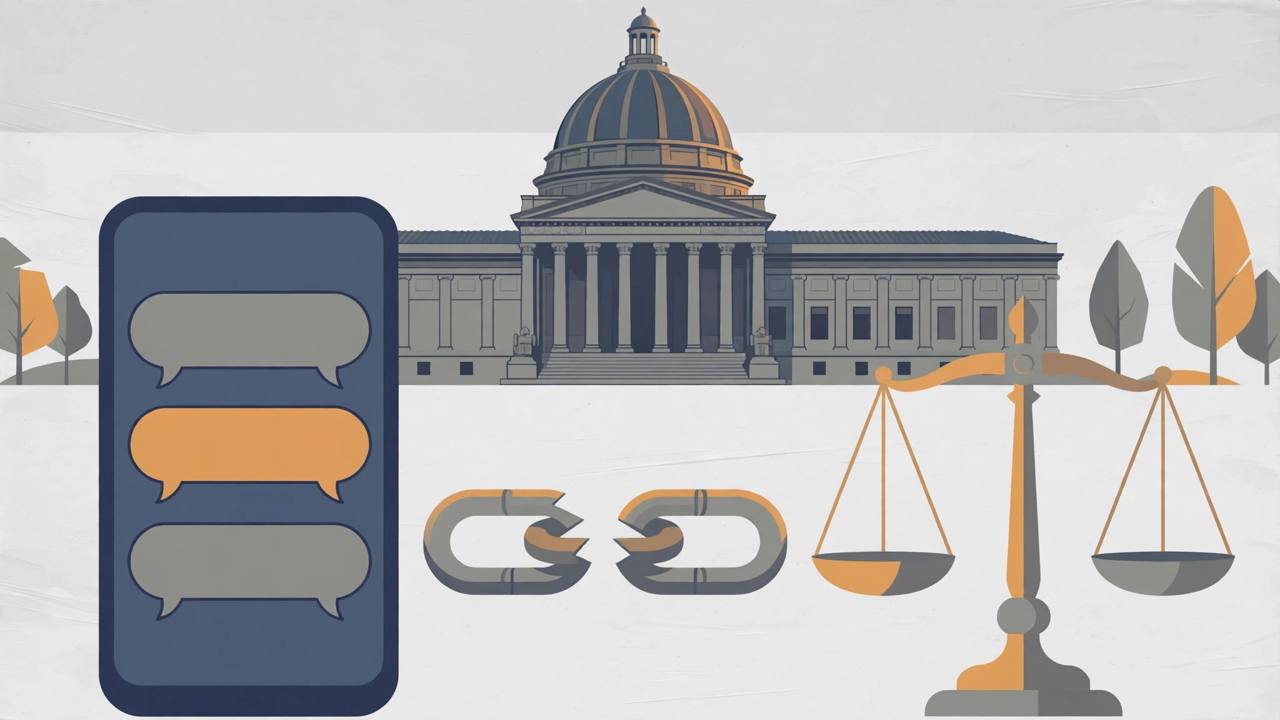 Editorial illustration of a domed court building with a smartphone showing generic chat bubbles, a broken chain and scales of justice