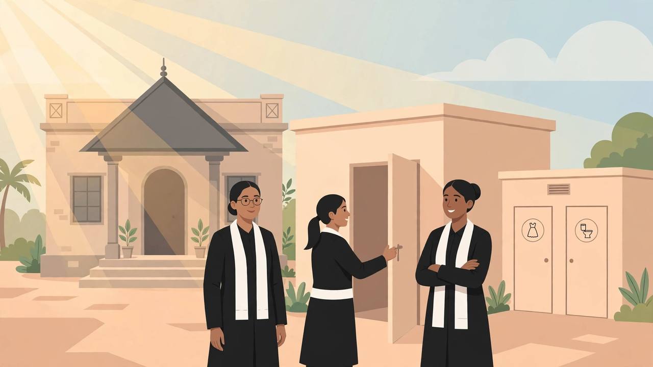 Editorial illustration of women advocates in black coats outside a district courthouse, beside a new ladies bar room and washroom block