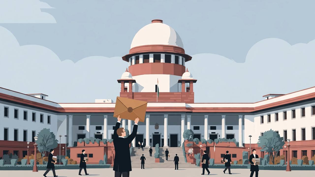 Editorial illustration of the Supreme Court of India dome with a generic advocate holding a sealed envelope on the court steps