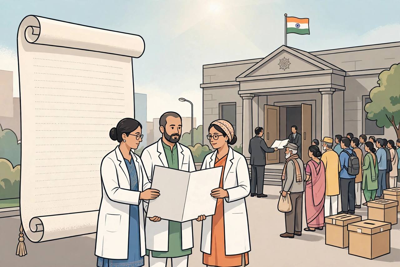 Editorial illustration of scientists handing a large open letter to an election commission building, with voters, ballot boxes and an electoral roll in the background